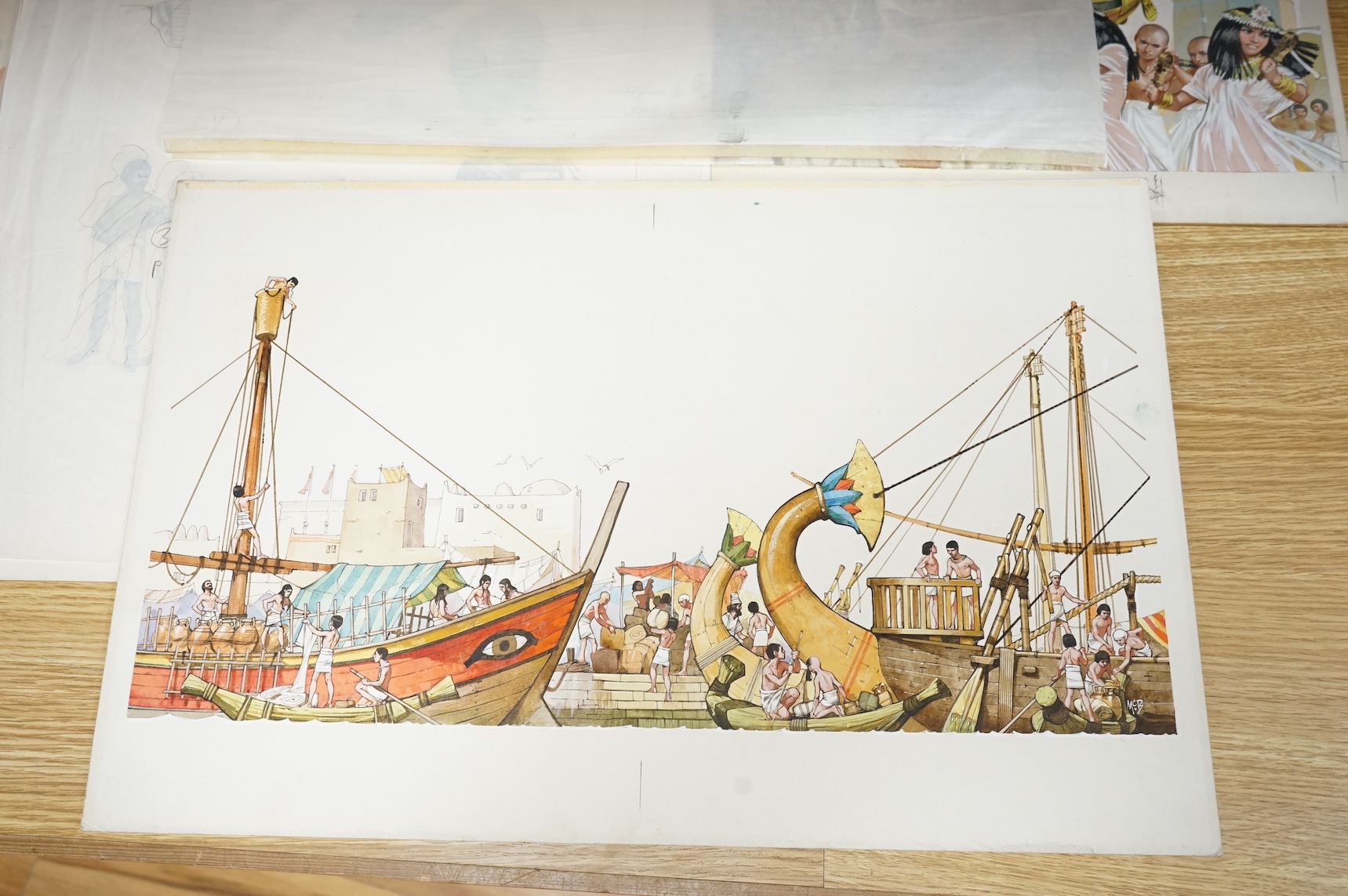 Angus McBride (1931-2007), five illustrations from 'One day in Tutankhamun's Egypt' to include Processions, Pyramid building and Studies of Pharoahs, watercolour and gouaches, largest 38 x 80cm, unframed, together with t